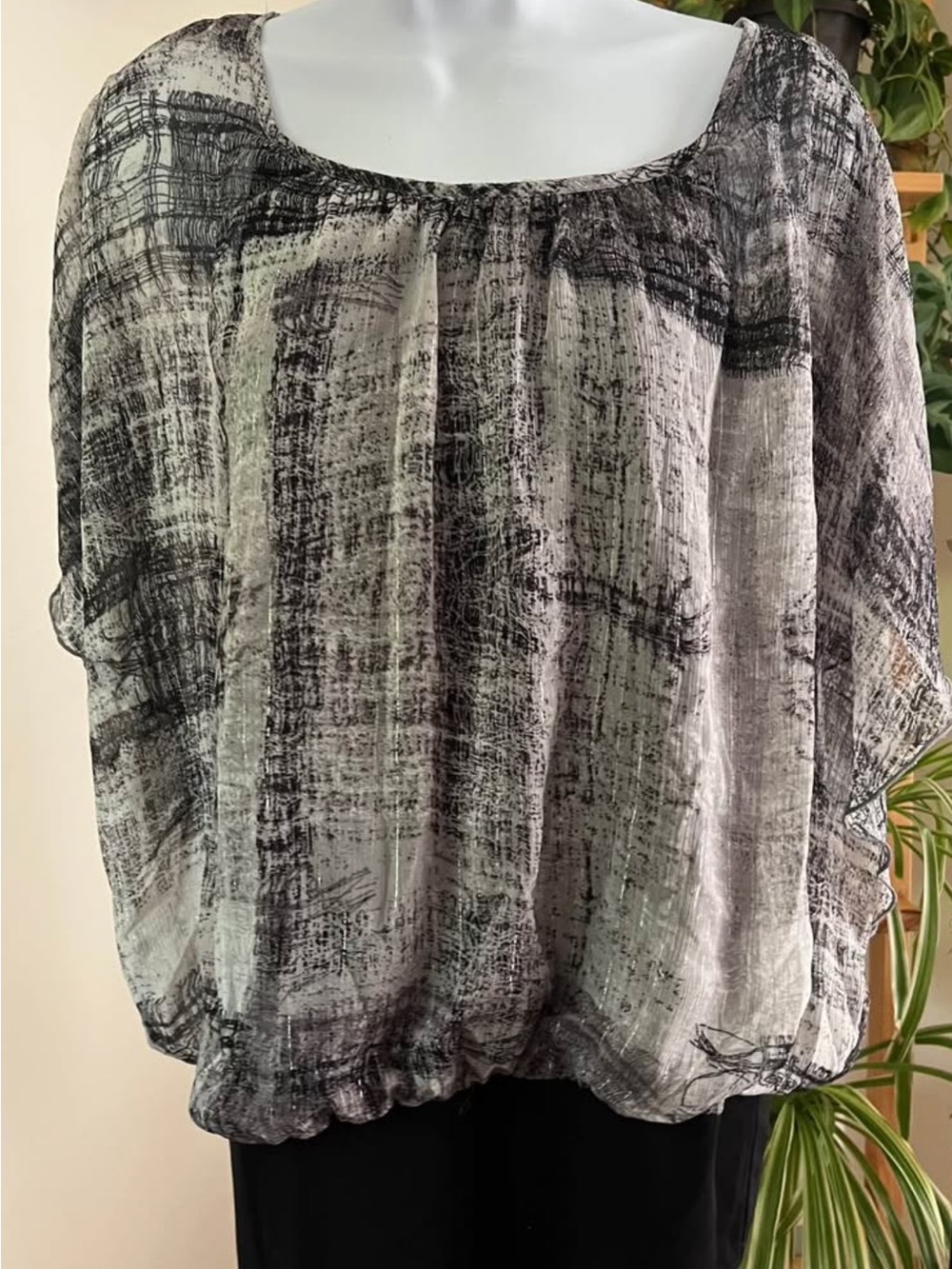 Esprit Black and White Abstract Scoop-Neck Blouse